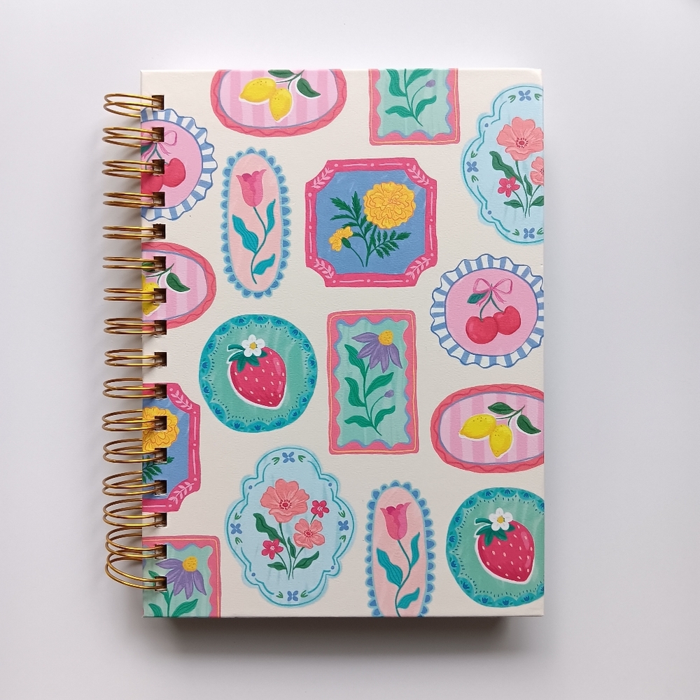 New Clementine Spiral-Bound Notebook Spring Floral Strawberry Gold Pink Blue